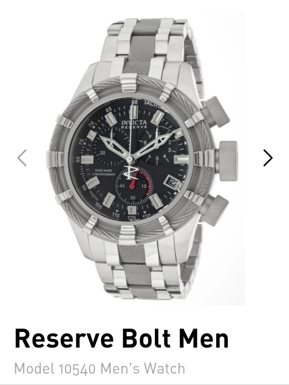 Invicta Bolt Men’s Stainless Steel Watch - Silver/Black 50mm Model #10540